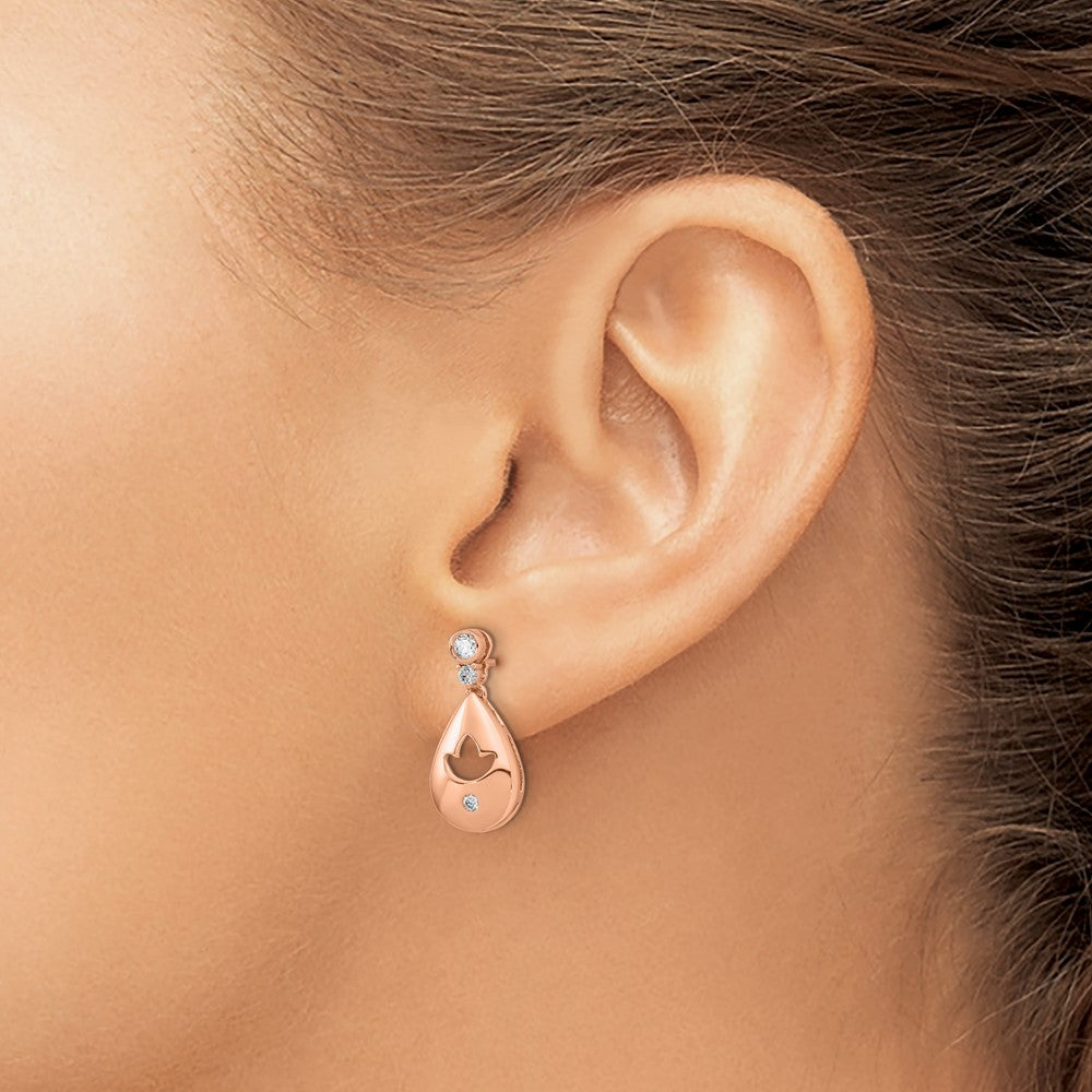 14k Rose Gold Real Diamond Teardrop w/flower Dangle Post Earrings EM6883-020-RA