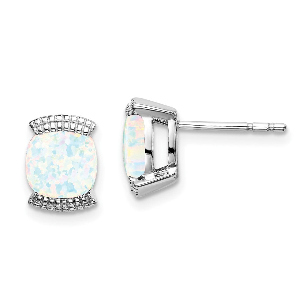 Solid 14k White Gold Created Simulated Opal Post Earrings