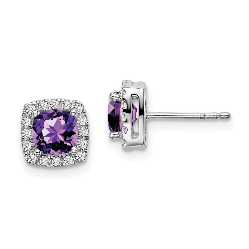 14k White Gold Cushion Amethyst and Real Diamond Halo Earrings EM7084-AM-019-WA