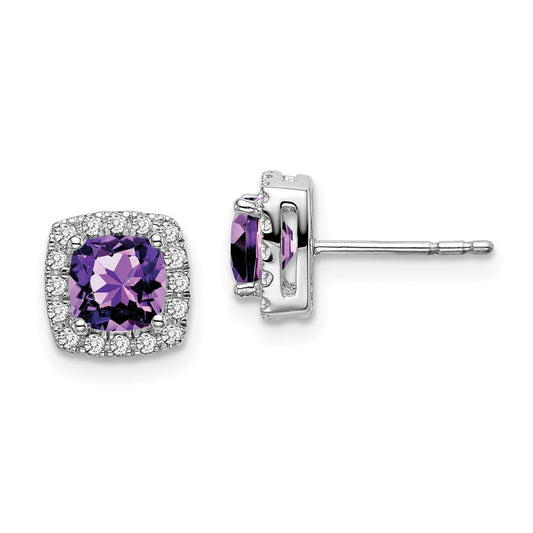 14k White Gold Cushion Amethyst and Real Diamond Halo Earrings EM7084-AM-019-WA