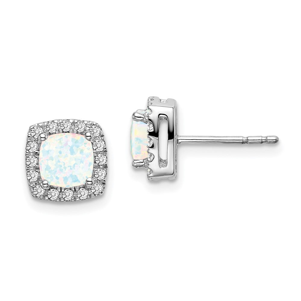 14k White Gold Cushion Created Opal and Real Diamond Halo Earrings EM7084-OP-019-WA