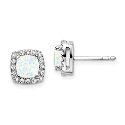 14k White Gold Cushion Created Opal and Real Diamond Halo Earrings EM7084-OP-019-WA