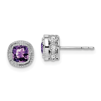 14k White Gold Cushion Amethyst and Real Diamond Earrings EM7092-AM-019-WA