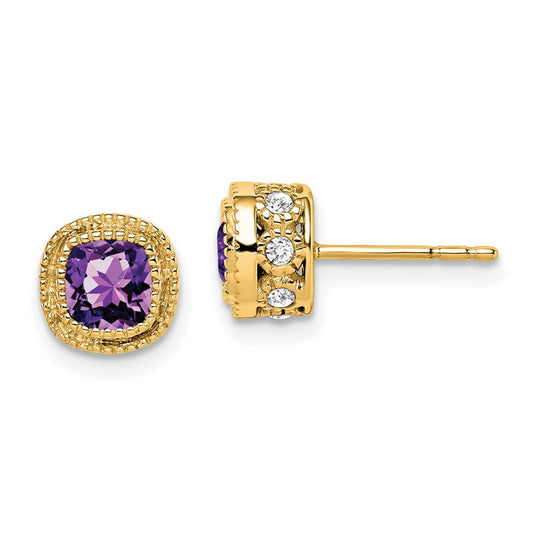 14k Yellow Gold Cushion Amethyst and Real Diamond Earrings EM7092-AM-019-YA