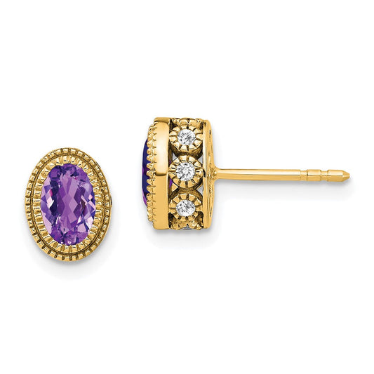 14k Yellow Gold Oval Amethyst and Real Diamond Earrings EM7093-AM-019-YA