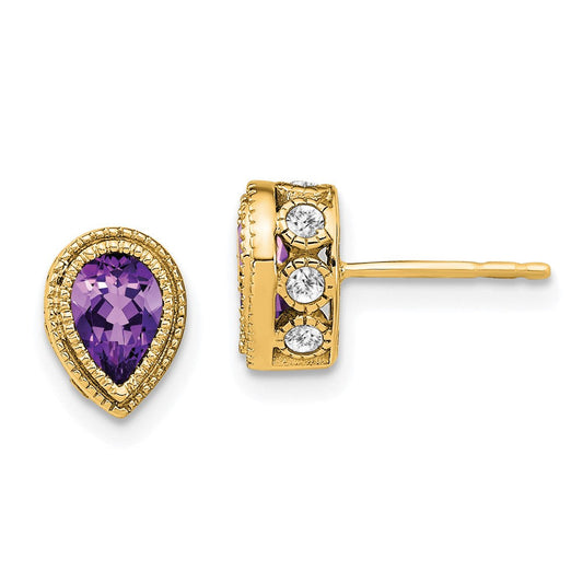 14k Yellow Gold Pear Amethyst and Real Diamond Earrings EM7094-AM-032-YA