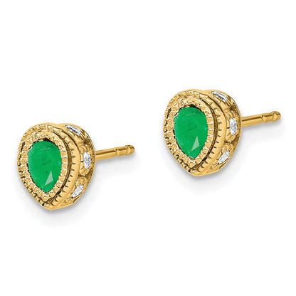 Solid 14k Yellow Gold Simulated Emerald and CZ Earrings