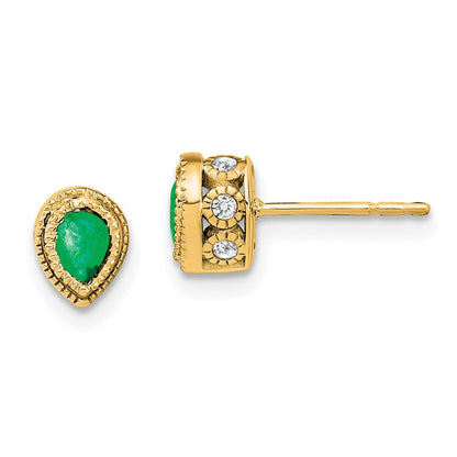 Solid 14k Yellow Gold Simulated Emerald and CZ Earrings
