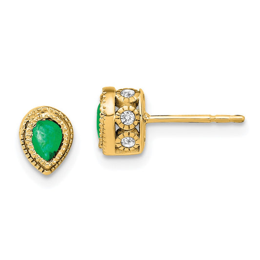 Solid 14k Yellow Gold Simulated Emerald and CZ Earrings