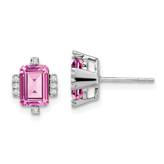 14k White Gold Emerald-shape Creat. Pink Sapphire/Real Diamond Earrings EM7106-CPS-008-WA