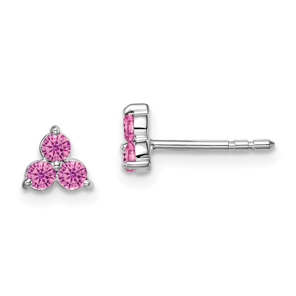 14k White Gold 3-stone Created Pink Sapphire Triangle Earrings EM7119-CPS-W