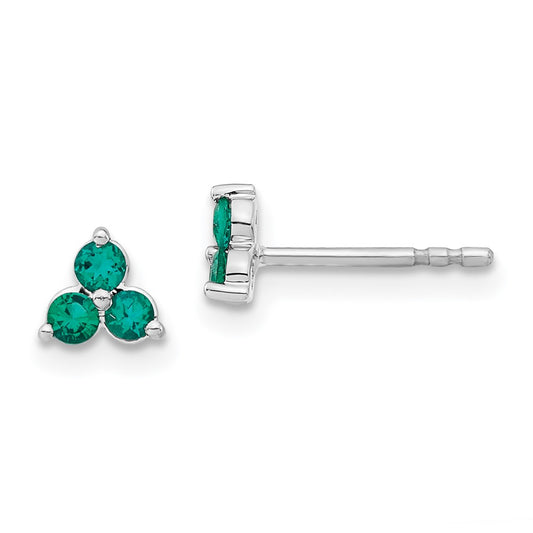 Solid 14k White Gold 3-stone Created Simulated Emerald Triangle Earrings