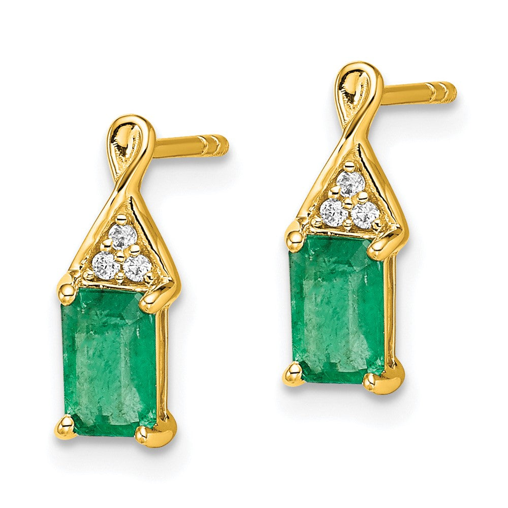 Solid 14k Yellow Gold Simulated Emerald and CZ Earrings