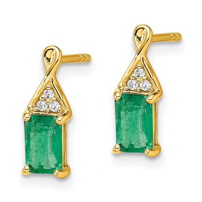 Solid 14k Yellow Gold Simulated Emerald and CZ Earrings