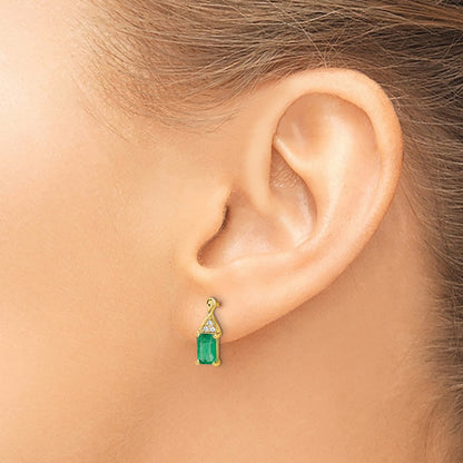 Solid 14k Yellow Gold Simulated Emerald and CZ Earrings