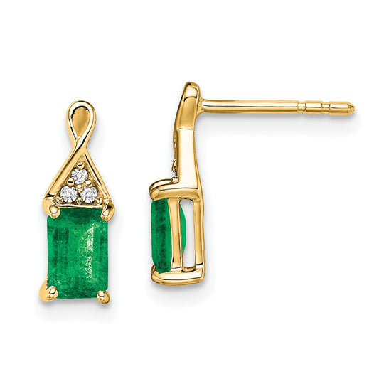 Solid 14k Yellow Gold Simulated Emerald and CZ Earrings
