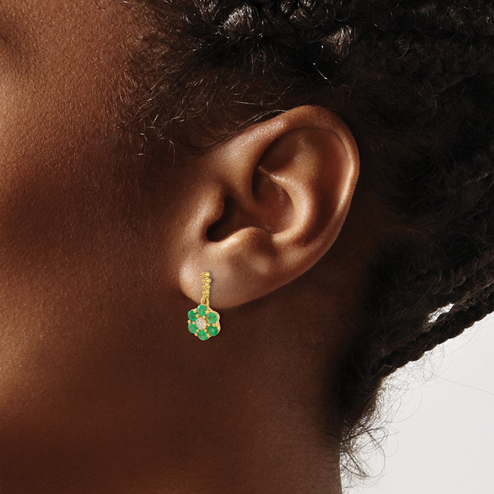 Solid 14k Yellow Gold Simulated Emerald and CZ Earrings