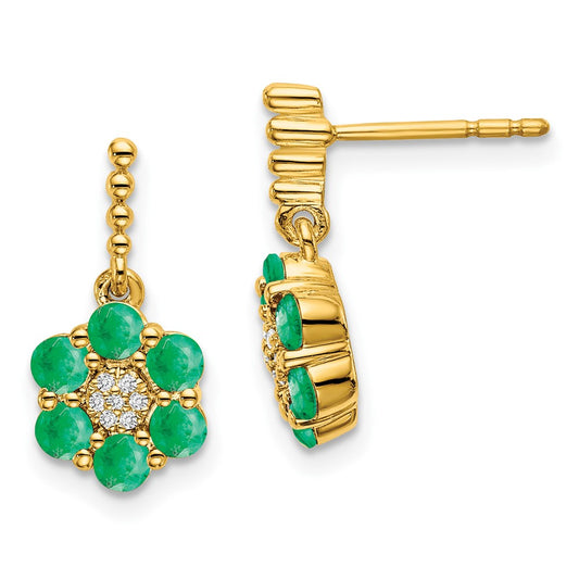 Solid 14k Yellow Gold Simulated Emerald and CZ Earrings