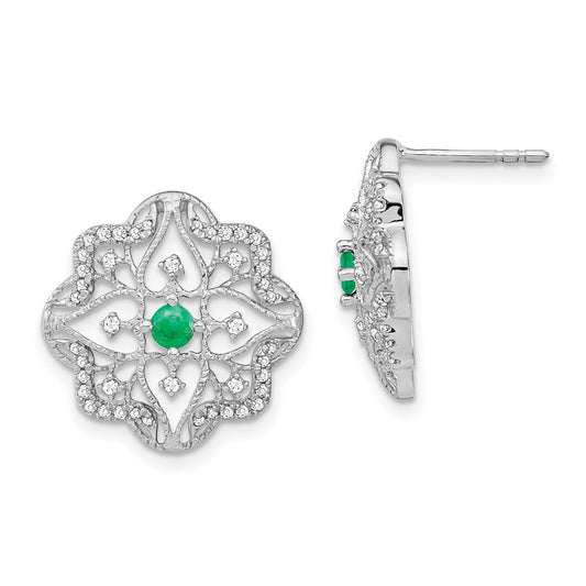 Solid 14k White Gold Simulated Emerald and CZ Earrings