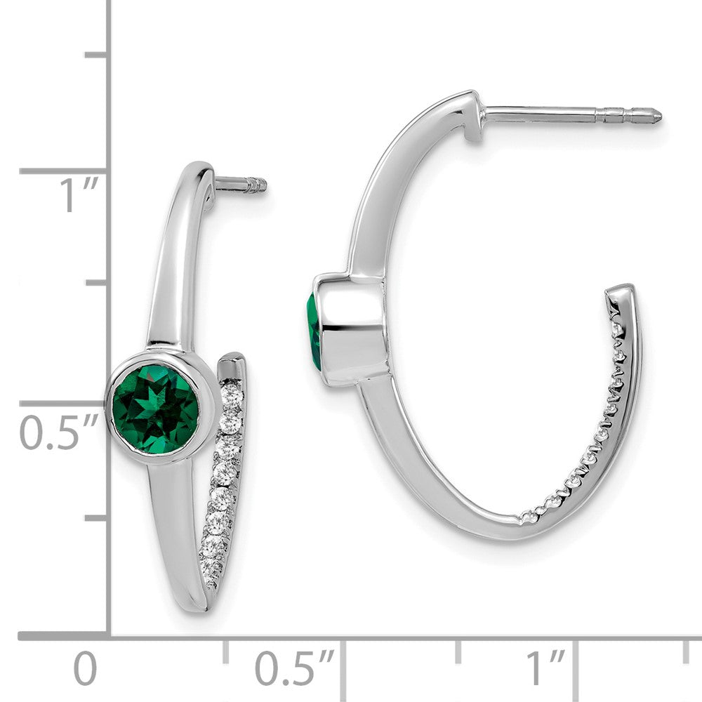 14k White Gold Created Emerald and Real Diamond J-Hoop Earrings EM7213-EM-018-WA