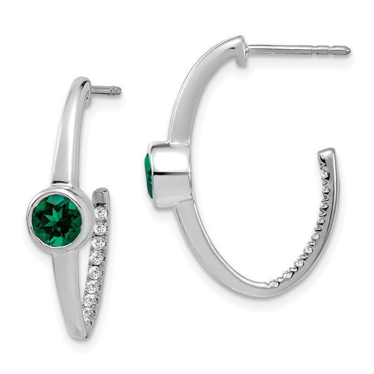 14k White Gold Created Emerald and Real Diamond J-Hoop Earrings EM7213-EM-018-WA