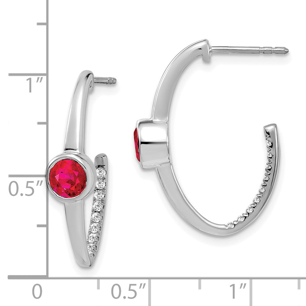 14k White Gold Created Ruby and Real Diamond J-Hoop Earrings EM7213-RU-018-WA