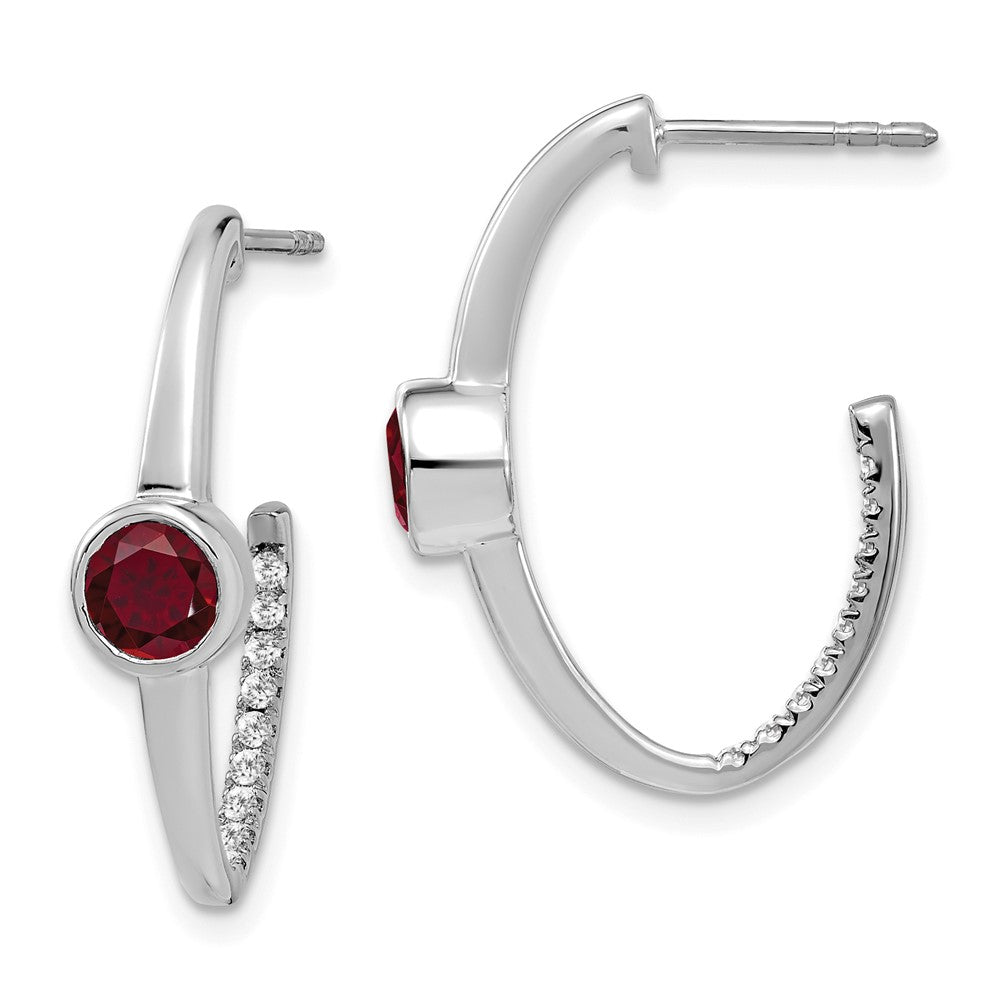 14k White Gold Created Ruby and Real Diamond J-Hoop Earrings EM7213-RU-018-WA