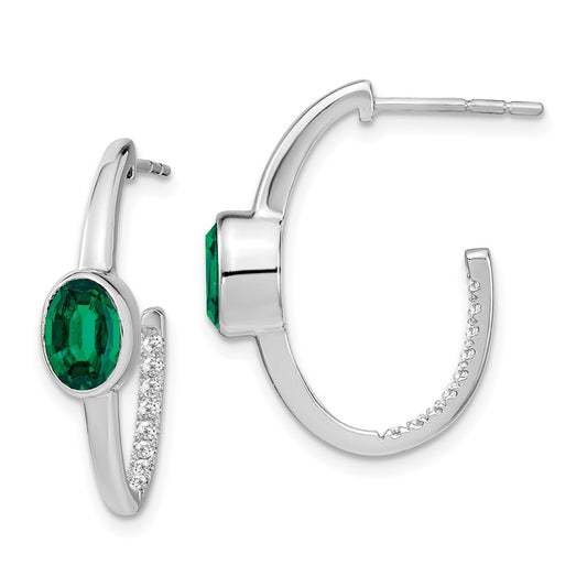 Solid 14k White Gold Oval Created Simulated Emerald and CZ J-Hoop Earrings