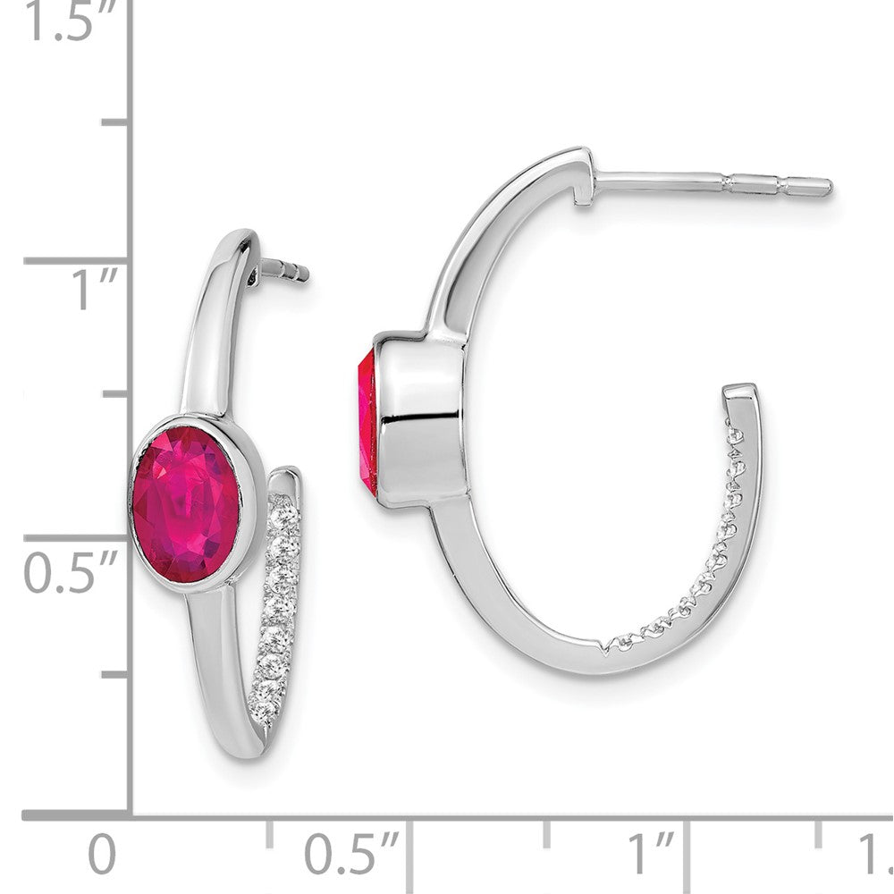 14k White Gold Oval Created Ruby and Real Diamond J-Hoop Earrings EM7214-RU-018-WA