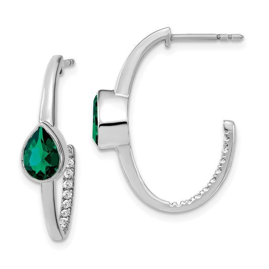 Solid 14k White Gold Pear Created Simulated Emerald and CZ J-Hoop Earrings