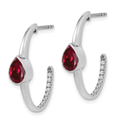 14k White Gold Pear Created Ruby and Real Diamond J-Hoop Earrings EM7215-RU-018-WA
