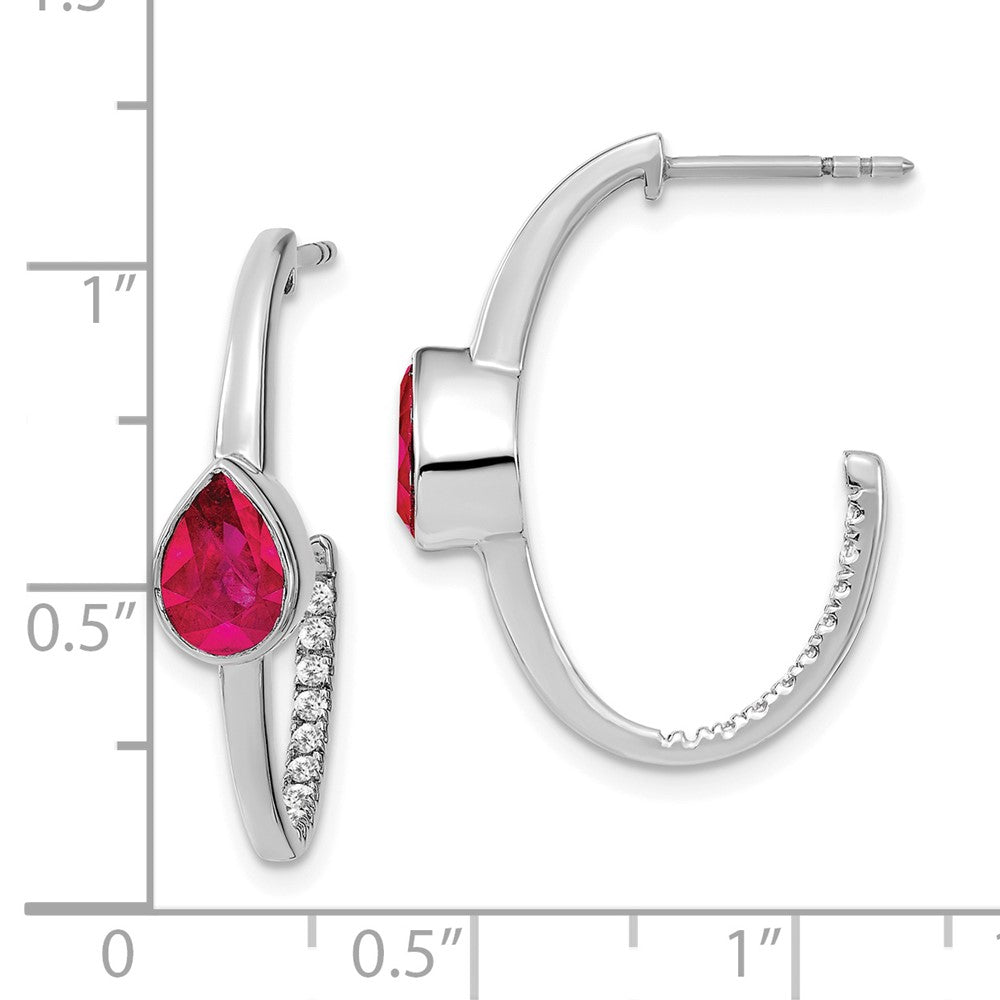 14k White Gold Pear Created Ruby and Real Diamond J-Hoop Earrings EM7215-RU-018-WA