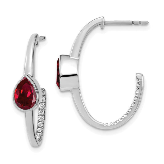 14k White Gold Pear Created Ruby and Real Diamond J-Hoop Earrings EM7215-RU-018-WA