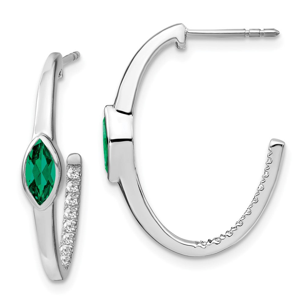 14k White Gold Marquise Created Emerald/Real Diamond J-hoop Earrings EM7217-EM-018-WA