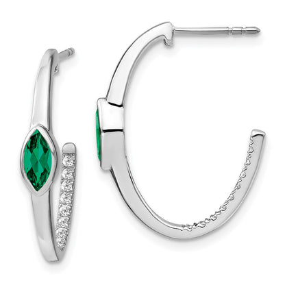 14k White Gold Marquise Created Emerald/Real Diamond J-hoop Earrings EM7217-EM-018-WA