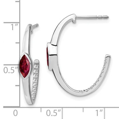 14k White Gold Marquise Created Ruby/Real Diamond J-hoop Earrings EM7217-RU-018-WA