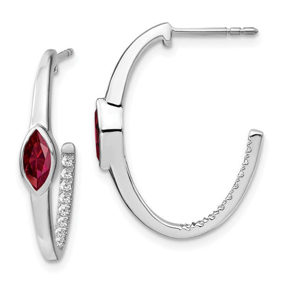 14k White Gold Marquise Created Ruby/Real Diamond J-hoop Earrings EM7217-RU-018-WA