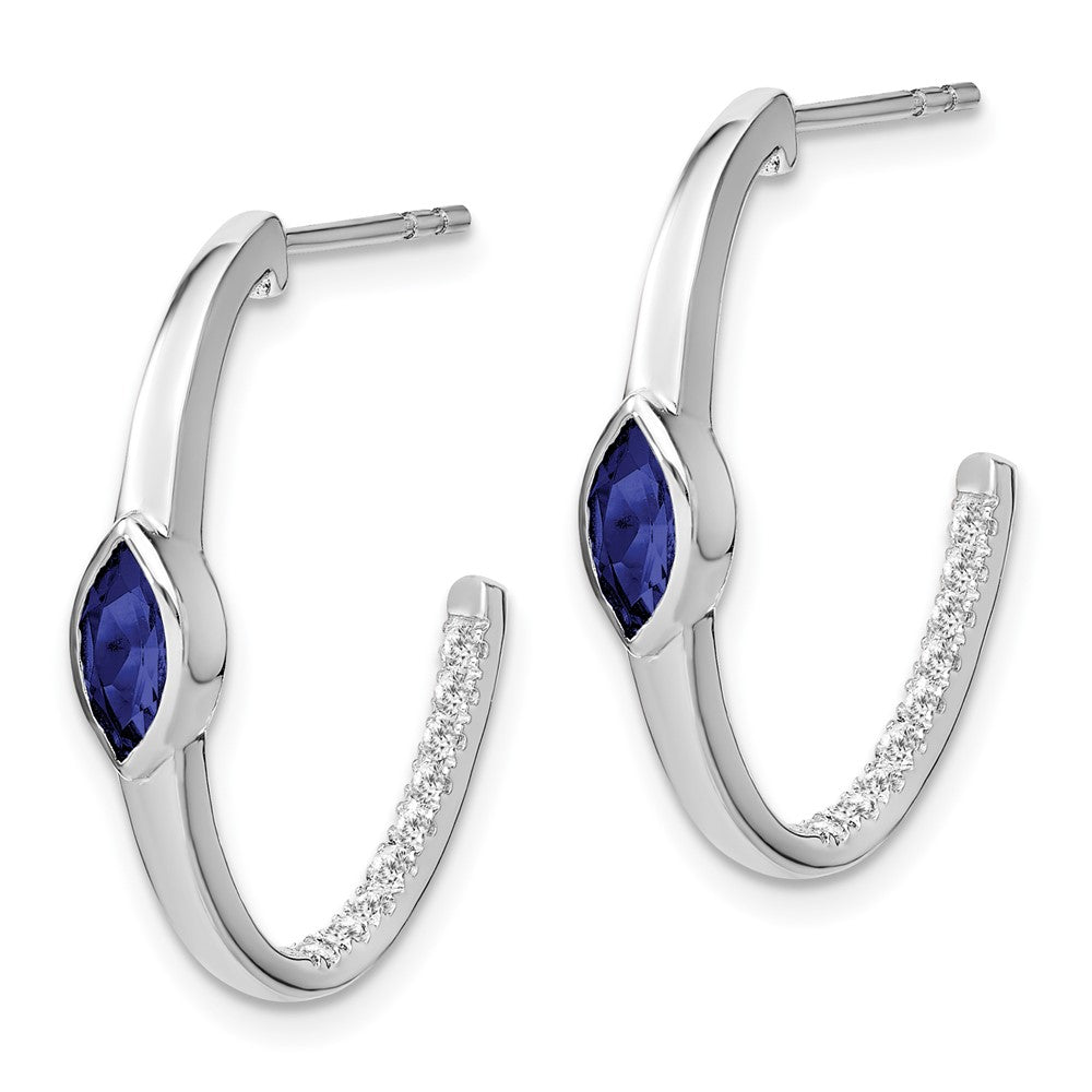 14k White Gold Marquise Created Sapphire/Real Diamond J-hoop Earrings EM7217-SA-018-WA