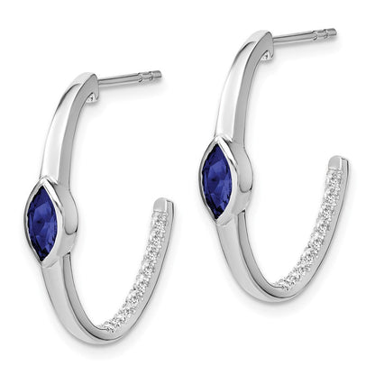 14k White Gold Marquise Created Sapphire/Real Diamond J-hoop Earrings EM7217-SA-018-WA