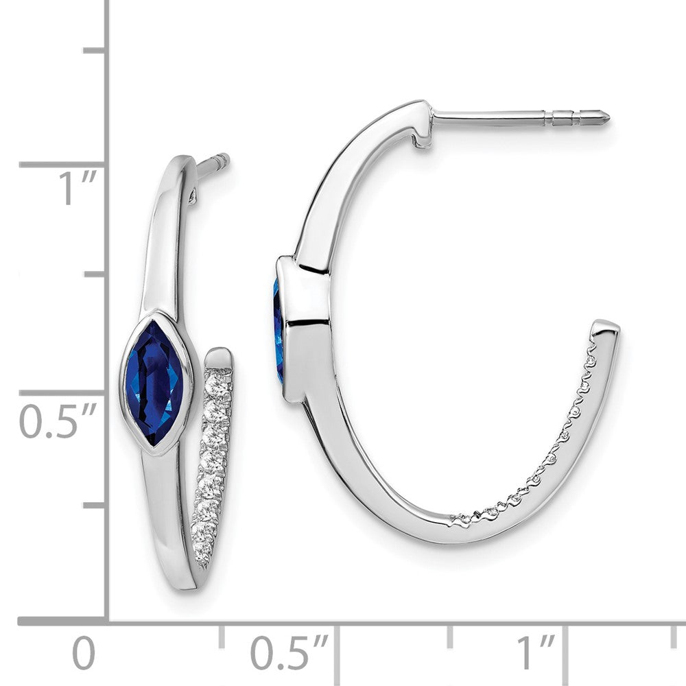 14k White Gold Marquise Created Sapphire/Real Diamond J-hoop Earrings EM7217-SA-018-WA