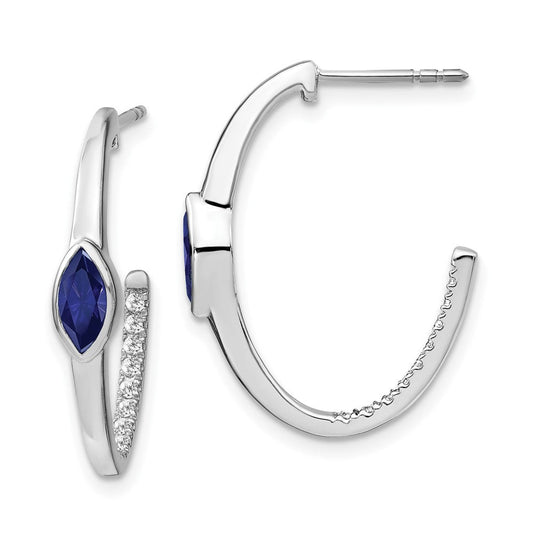 14k White Gold Marquise Created Sapphire/Real Diamond J-hoop Earrings EM7217-SA-018-WA