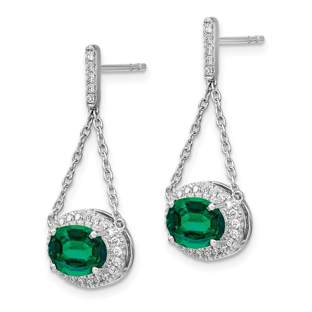 14k White Gold Oval Created Emerald and Real Diamond Dangle Earrings EM7228-EM-033-WA