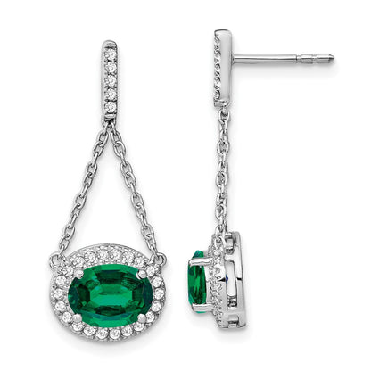 14k White Gold Oval Created Emerald and Real Diamond Dangle Earrings EM7228-EM-033-WA