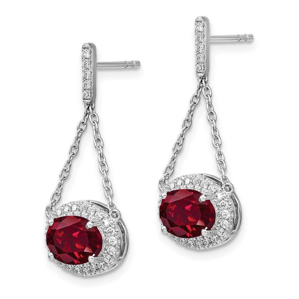 14k White Gold Oval Created Ruby and Real Diamond Dangle Earrings EM7228-RU-033-WA