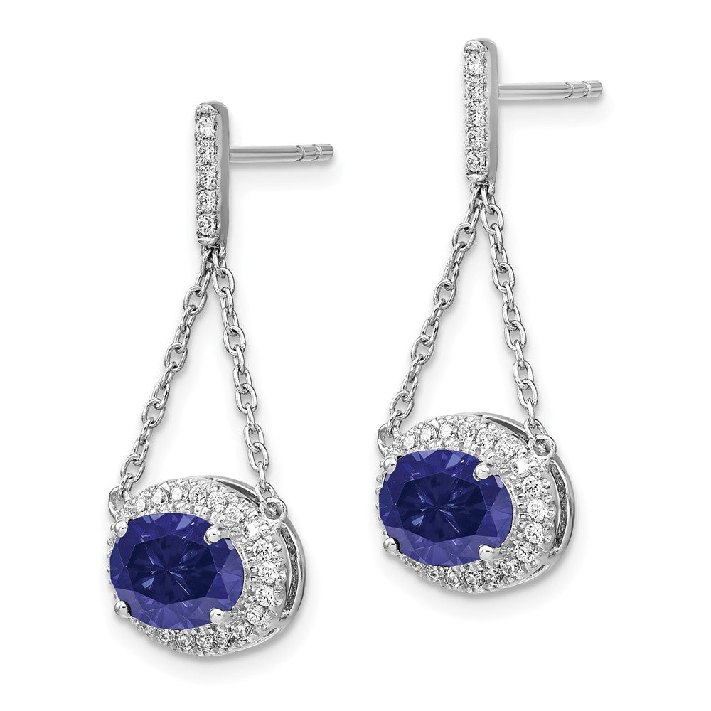 14k White Gold Oval Created Sapphire and Real Diamond Dangle Earrings EM7228-SA-033-WA
