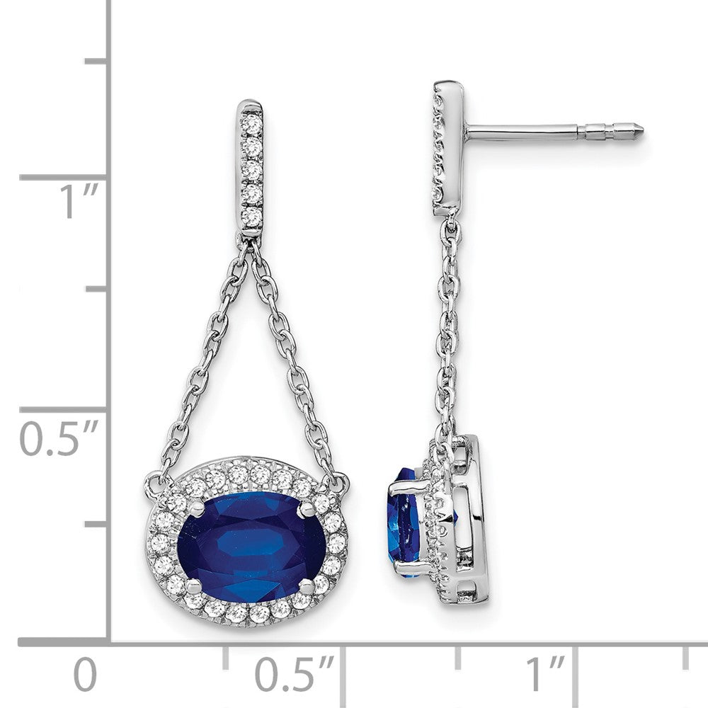 14k White Gold Oval Created Sapphire and Real Diamond Dangle Earrings EM7228-SA-033-WA