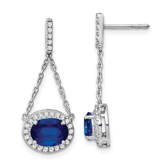 14k White Gold Oval Created Sapphire and Real Diamond Dangle Earrings EM7228-SA-033-WA