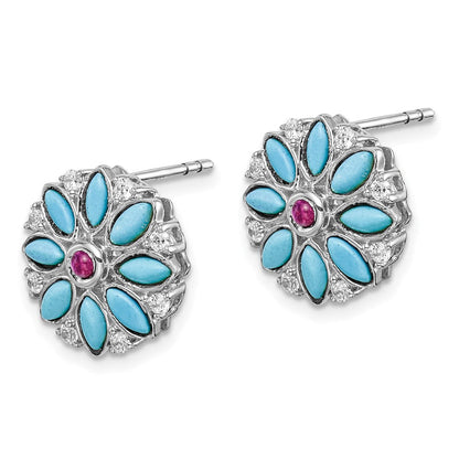 14k White Gold Turquoise/Creat. Ruby/Wht. Topaz Floral Earrings EM7423-BTQ/CRU-W