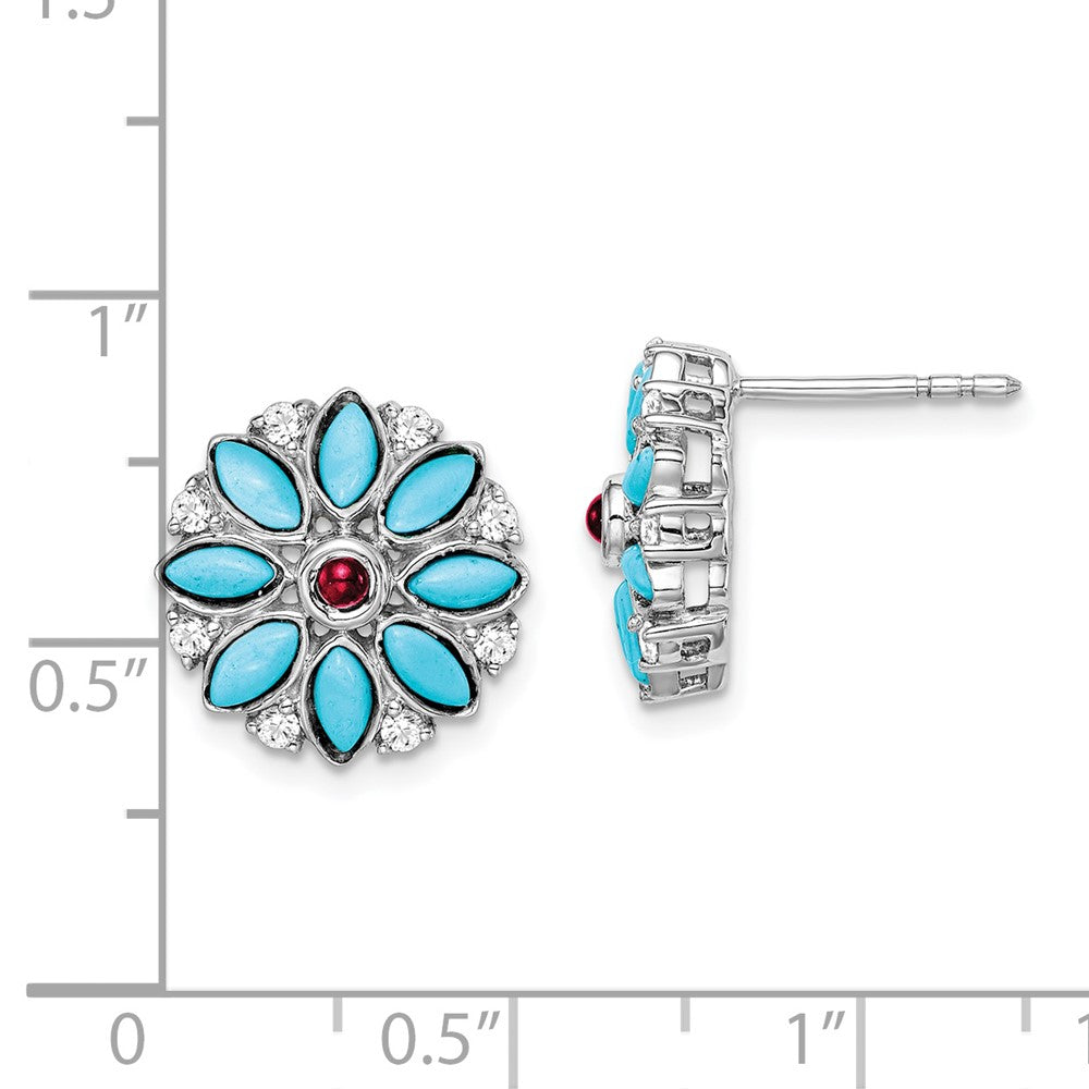 14k White Gold Turquoise/Creat. Ruby/Wht. Topaz Floral Earrings EM7423-BTQ/CRU-W