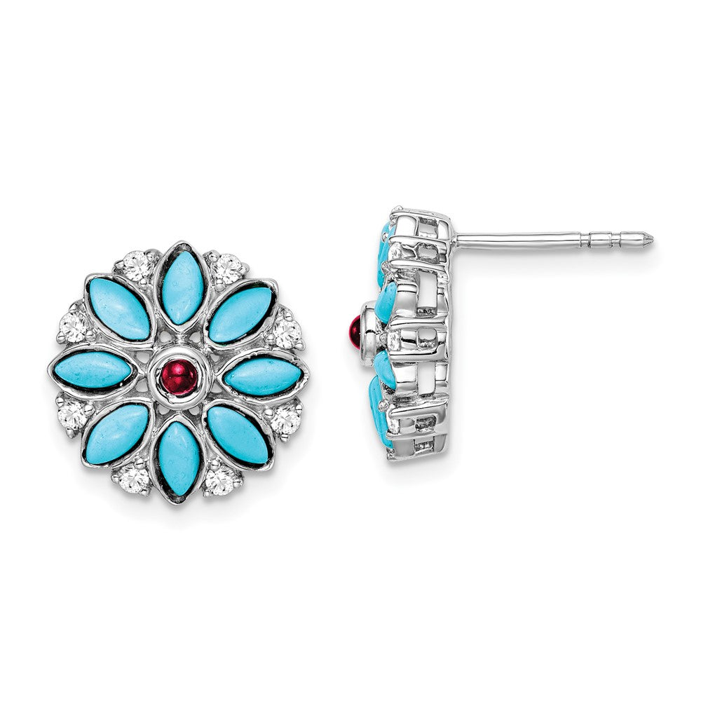 14k White Gold Turquoise/Creat. Ruby/Wht. Topaz Floral Earrings EM7423-BTQ/CRU-W